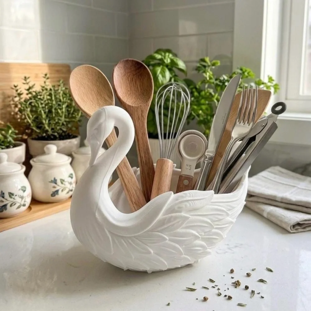 3D printed Swan Utensil Holder - Elegant Kitchen Counter Organizer